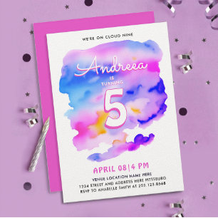 Niedlich Girl Pink Lila Cloud Nine Bday Wasserfarb Einladung
