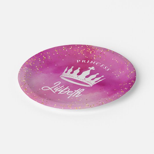 Niedlich Girl Pink Princess Crown Tiara Wasserfarb Pappteller (Schrägansicht)