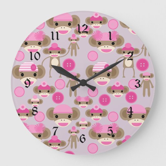 Niedlich Girl Pink Sock Monkey Girl Pattern Collag Große Wanduhr (Vorderseite)