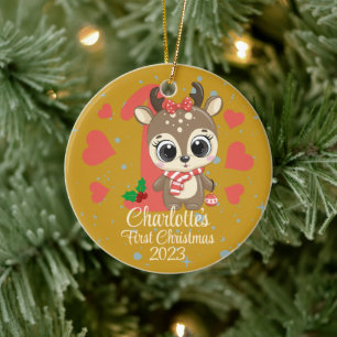 Niedlich Girl Reindeer Baby's First Christmas Gold Keramik Ornament