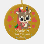 Niedlich Girl Reindeer Baby's First Christmas Gold Keramik Ornament (Vorne)