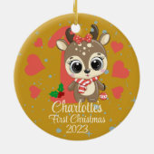 Niedlich Girl Reindeer Baby's First Christmas Gold Keramik Ornament (Hinten)