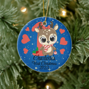 Niedlich Girl Reindeer Baby's First Christmas Keramik Ornament