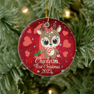 Niedlich Girl Reindeer Baby's First Christmas Red Keramik Ornament