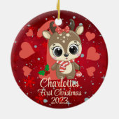 Niedlich Girl Reindeer Baby's First Christmas Red Keramik Ornament (Hinten)