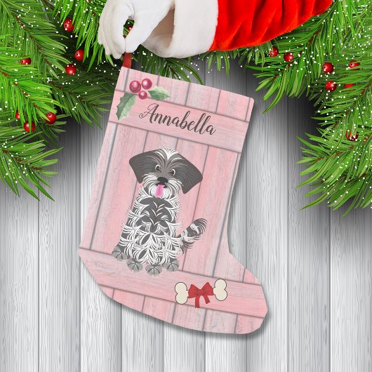 Niedlich Girl Shih Tzu Pink Holzzaun Monogramm Kleiner Weihnachtsstrumpf
