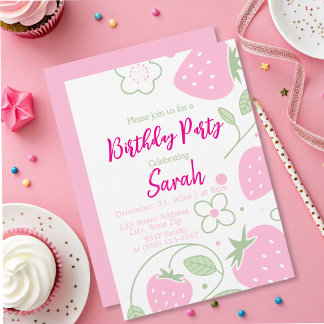 Niedlich Girl Strawberry Pink Geburtstagsparty Einladung