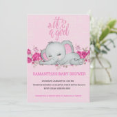 Niedlich Girls Baby Elephant Schlafen Blumenrosa Einladung (Stehend Vorderseite)