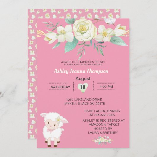 Niedlich Girls Floral Lamb Baby Dusche Einladung (Vorne/Hinten)