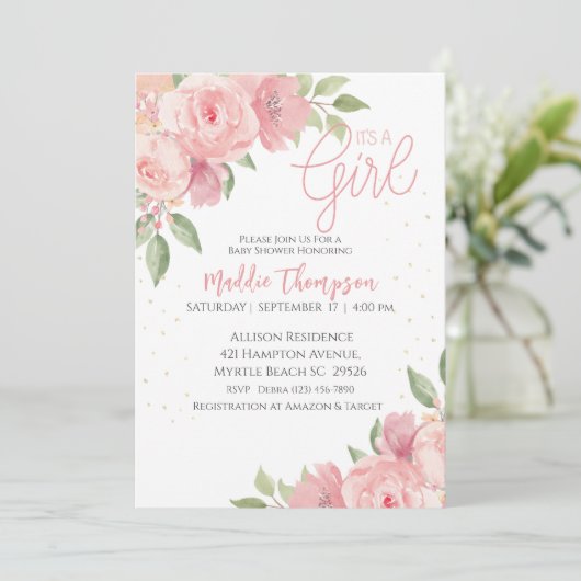 Niedlich Girls Pink Gold Floral Baby Dusche Einladung (Stehend Vorderseite)
