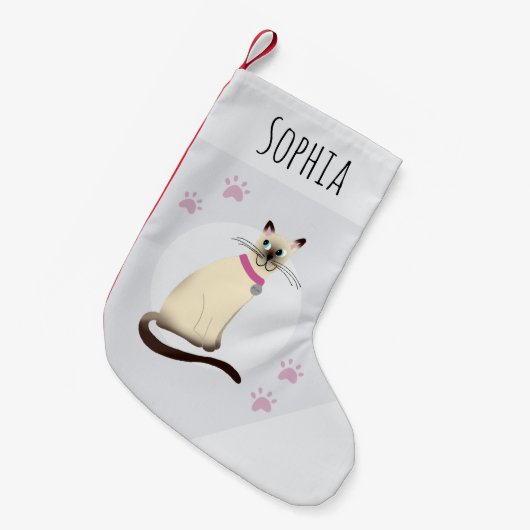 Niedlich Girls Siamese Cat Cartoon Paw Prints Haus Kleiner Weihnachtsstrumpf (Vorderansicht (hängend))