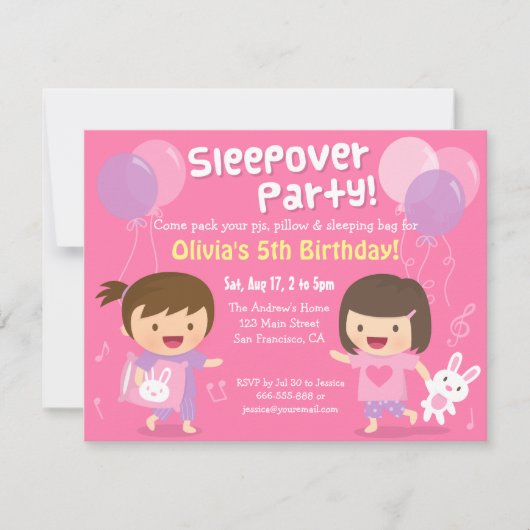Niedlich Girls Sleepover Slumber Geburtstagsparty Einladung (Vorderseite)