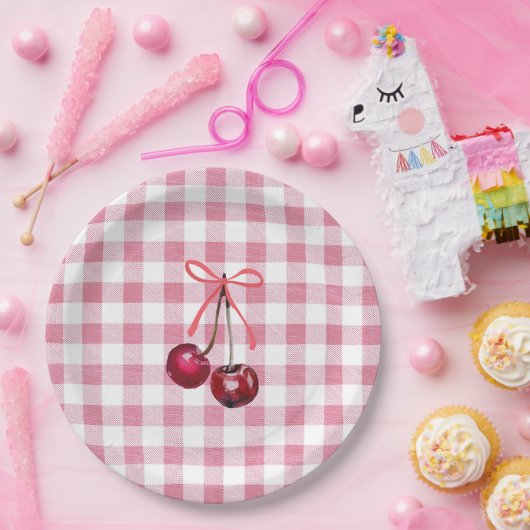 Niedlich Girly Bow Cherry Pink Gingham Kariert Pappteller (Party)