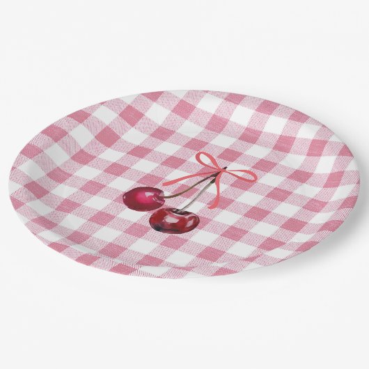 Niedlich Girly Bow Cherry Pink Gingham Kariert Pappteller (Schrägansicht)