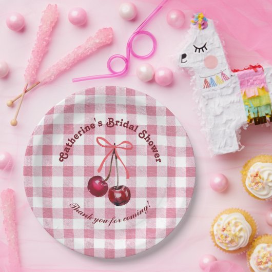 Niedlich Girly Bow Cherry Pink Gingham Karierter N Pappteller (Party)