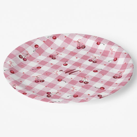 Niedlich Girly Bows Cherries Pink Gingham Karierte Pappteller (Schrägansicht)