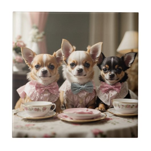 Niedlich Girly Chihuahua Tea Party Fliese (Vorderseite)
