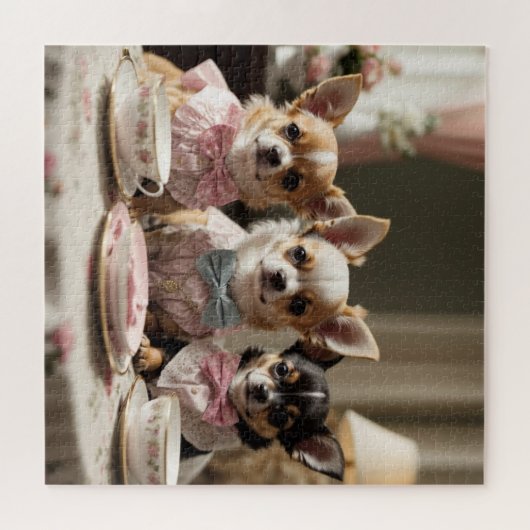 Niedlich Girly Chihuahua Tea Party Puzzle (Horizontal)