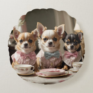 Niedlich Girly Chihuahua Tea Party Rundes Kissen
