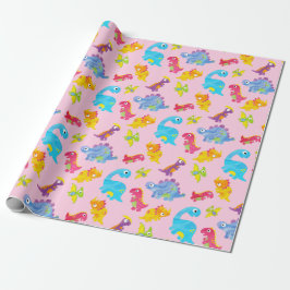 Niedlich Girly Colorful Pink Dinosaur Thema Geburt Geschenkpapier