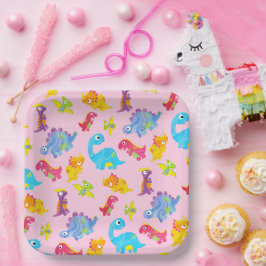 Niedlich Girly Colorful Pink Dinosaur Thema Geburt Pappteller