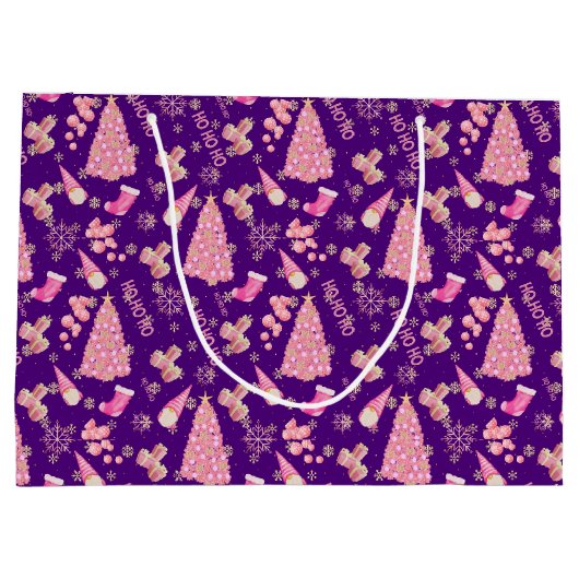Niedlich Girly Gold Indigo Pink Weihnachtsbaummust Große Geschenktüte (Rückseite)