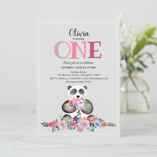 Niedlich Girly Modern Blume Panda & Name 1. Geburt Einladung (Stehend Vorderseite)
