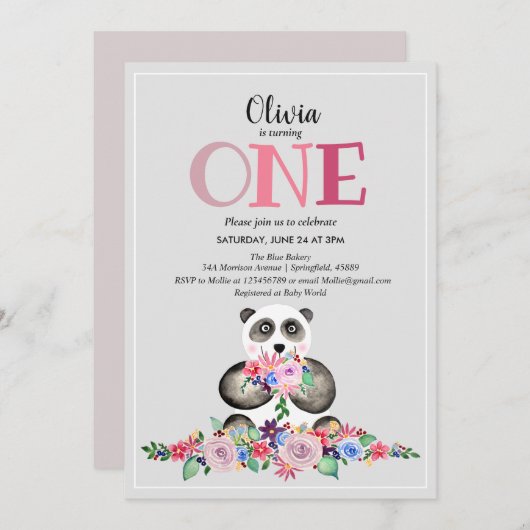 Niedlich Girly Modern Blume Panda & Name 1. Geburt Einladung (Vorne/Hinten)