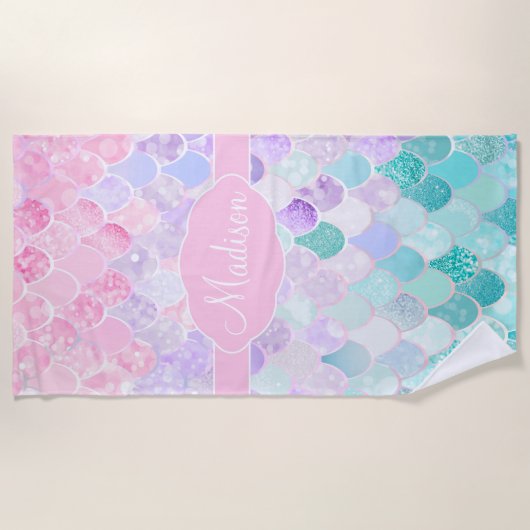 Niedlich Girly Ombre Mermaid Pattern Mit Monogramm Strandtuch (Vorderseite)