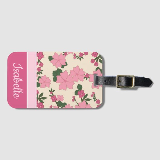 Niedlich Girly Pink Blume Muster Personalisiert Gepäckanhänger (Vorderseite (Horizontal))