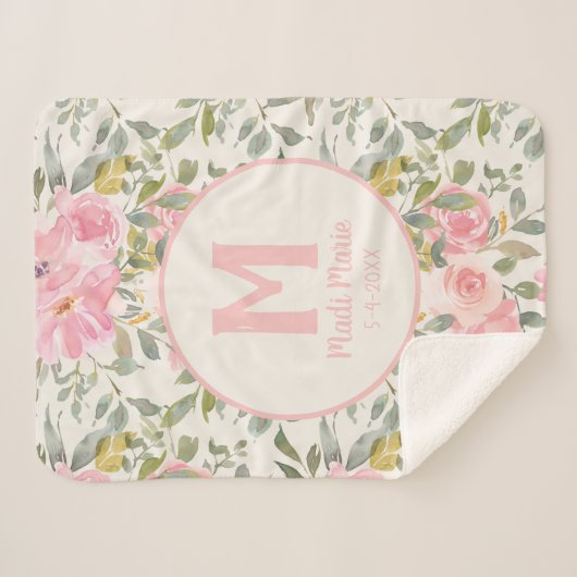 Niedlich Girly Pink Blumenzunge Green Blätter Mono Sherpadecke (Vorderseite (Horizontal))