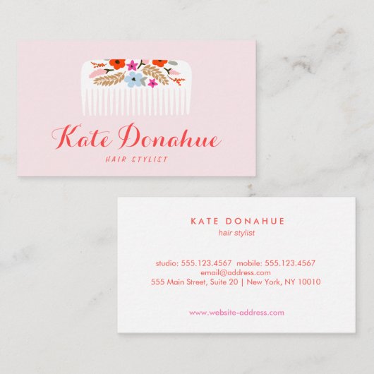 Niedlich Girly Pink Fairstylist Floral Comb Hair S Visitenkarte (Vorne/Hinten)