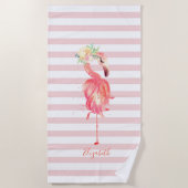 Niedlich Girly Pink Flamingo Blume Streifen Strandtuch (Vorderseite)