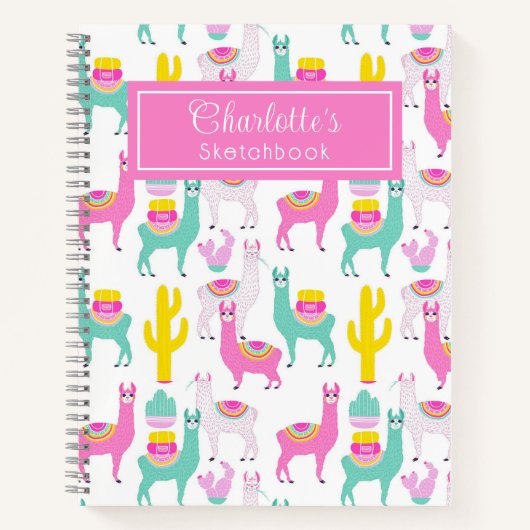 Niedlich Girly Pink Llama Cactus Sketchbook Notizblock (Vorderseite)