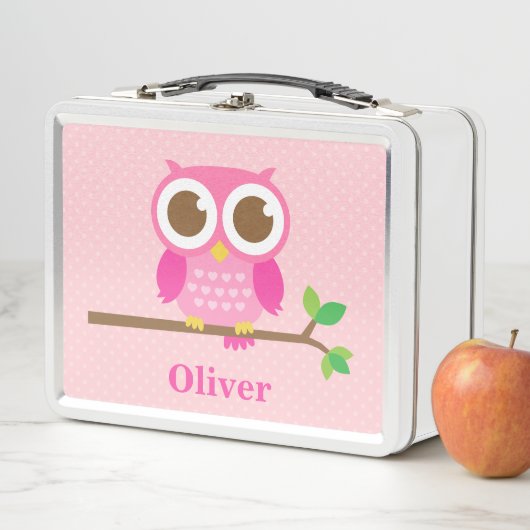 Niedlich Girly Pink Owl auf Branch Girls Personali Metall Brotdose (Beispiel)
