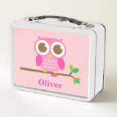 Niedlich Girly Pink Owl auf Branch Girls Personali Metall Brotdose (Rückseite)