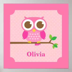 Niedlich Girly Pink Owl auf Branch Girls Zimmerdek Poster