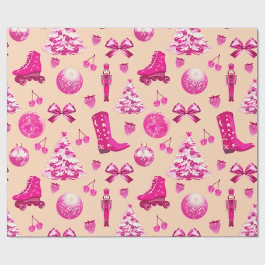 Niedlich Girly Preppy Pink Weihnachten Geschenkpapier (Flach)