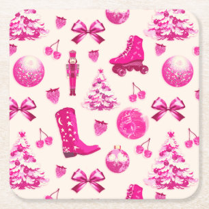 Niedlich Girly Preppy Pink Weihnachtsmuster Rechteckiger Pappuntersetzer