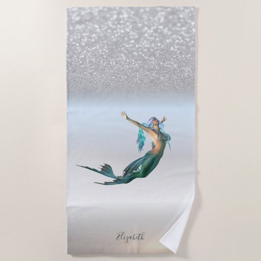 Niedlich Girly Silver Glitzer Bokeh Mermaid Strandtuch (Vorderseite)