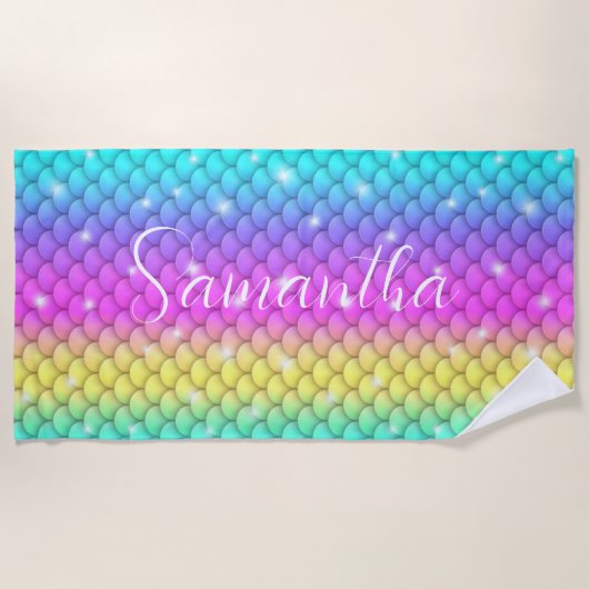 Niedlich Girly Sparkling Rainbow Mermaid Scales Strandtuch (Vorderseite)