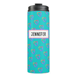 Niedlich Girly Turquoise Farbiges Herzmuster Name Thermosbecher