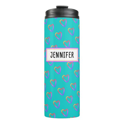 Niedlich Girly Turquoise Farbiges Herzmuster Name Thermosbecher (Vorderseite)