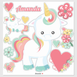 Niedlich Girly Unicorn Hearts Floral Aufkleber
