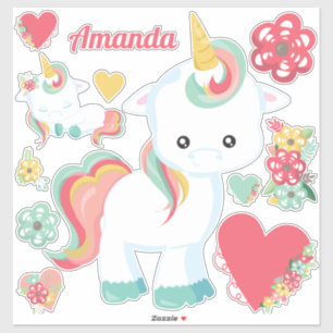Niedlich Girly Unicorn Hearts Floral Aufkleber
