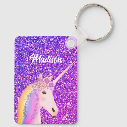Niedlich Girly Unicorn Lila Glitzer Personalisiert Schlüsselanhänger (Rückseite)