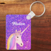 Niedlich Girly Unicorn Lila Glitzer Personalisiert Schlüsselanhänger (Rückseite)