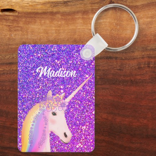 Niedlich Girly Unicorn Lila Glitzer Personalisiert Schlüsselanhänger (Rückseite)