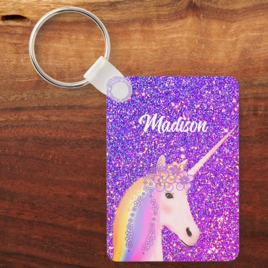 Niedlich Girly Unicorn Lila Glitzer Personalisiert Schlüsselanhänger (Vorderseite)