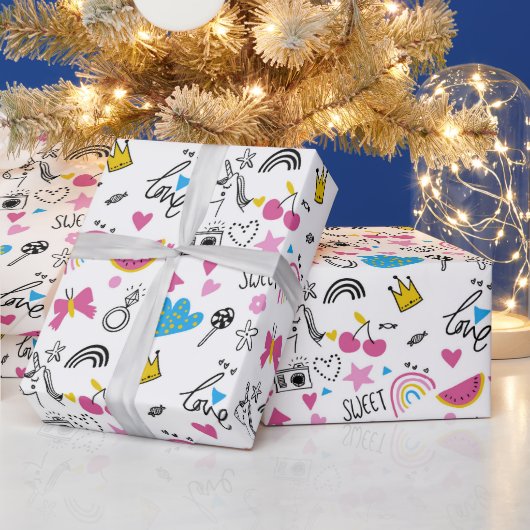 Niedlich Girly Unicorn Rainbow Hearts Whimsical Geschenkpapier (Feiertage)